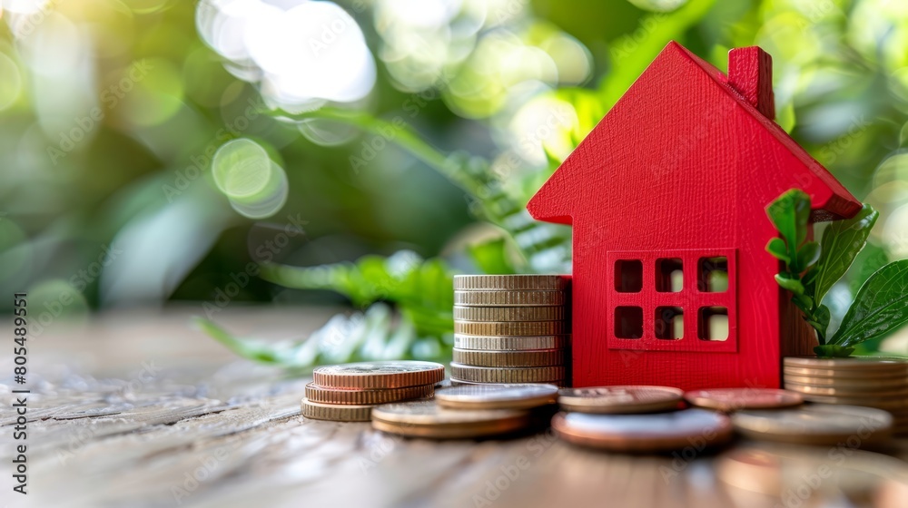 A red house atop coins, next to wooden table, coins stacked high A red house atop coins, next to wooden table, coins stacked high