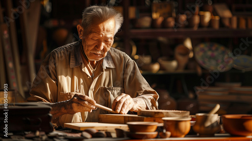 An old Chinese man is carving wood