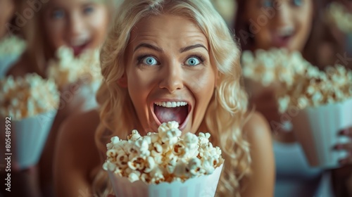   A woman  eyes wide  mouth agape  holds a bucket of popcorn before her face