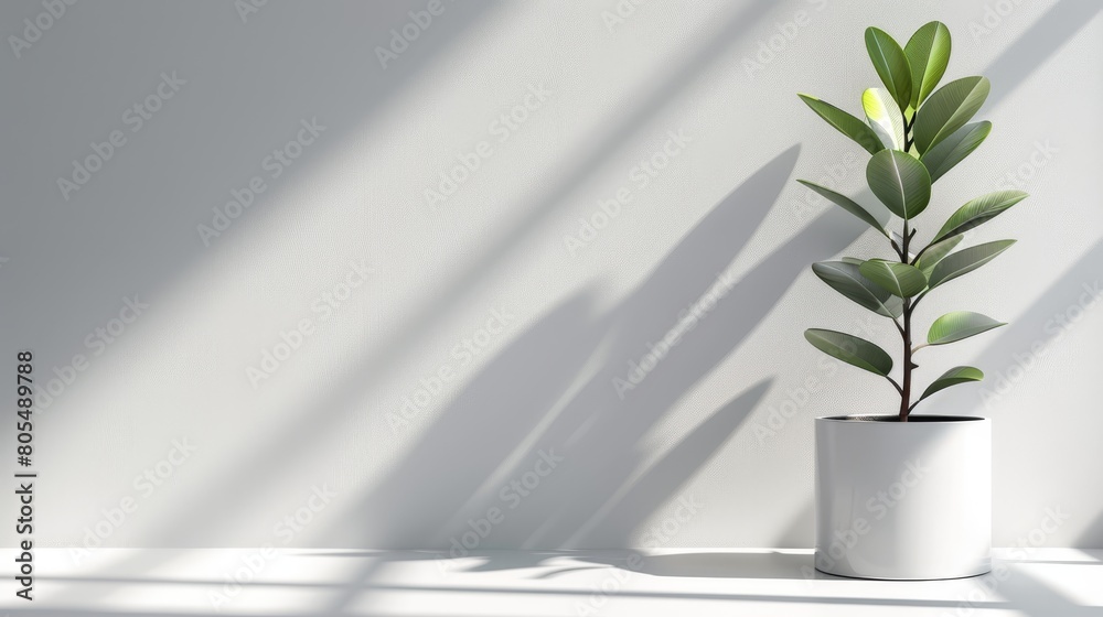   A green plant in a white pot on a pristine table Shadow of the nearby wall casts behind White wall serves as backdrop