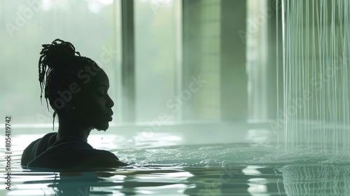  A woman with dreadlocks sits by a pool of water, surrounded by a curtained window behind her