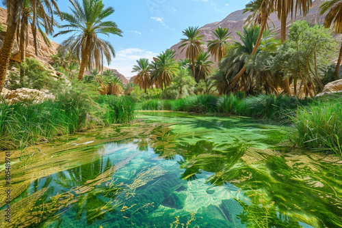 A green oasis in the heart of a desert, with palm trees and lush vegetation surrounding a clear, spring-fed pond, the contrast between the vibrant life and the surrounding 
