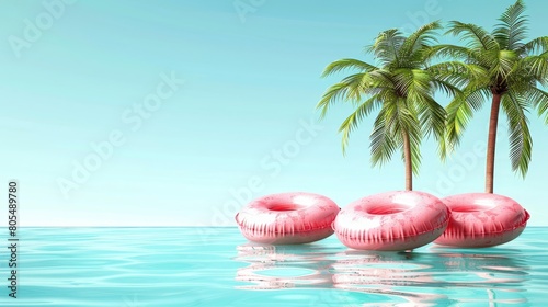  A collection of pink donuts hovering above a water body, backed by a palm tree