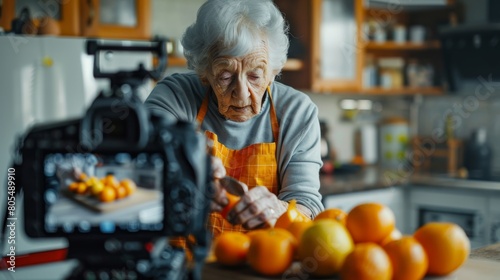 Elderly Woman Filming Cooking Tutorial photo
