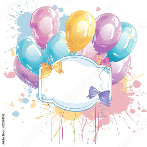 Na białym tle widoczna jest grupa kolorowych balonów oraz znak. Balony zdobią przestrzeń, a znak stanowi dodatkowy element dekoracyjny