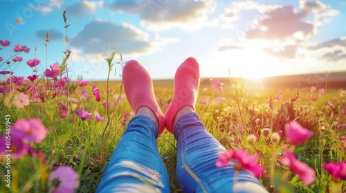   A person reclines in a flower-filled field, propping feet on the grass; sun sets behind photo