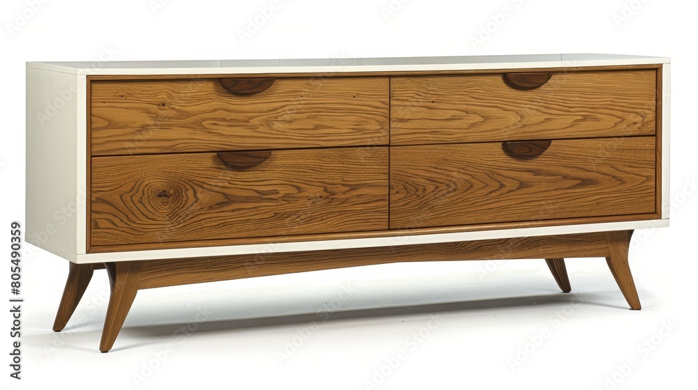   A wooden chest of drawers rests atop a pristine white floor Adjacent are two identical white walls