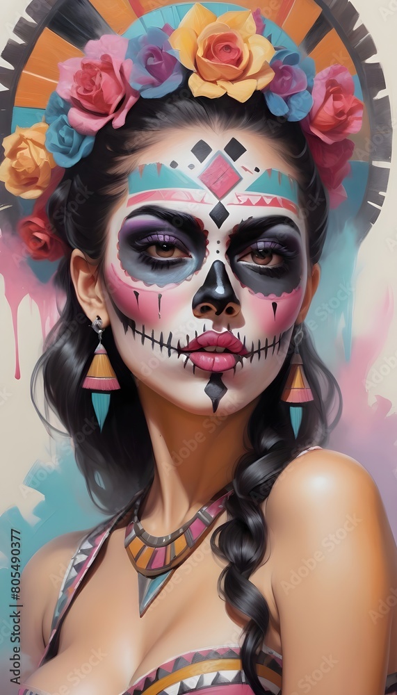 Mexican Girl Catrina Makeup Mexico Chicano Airbrush Princess Aztec Penacho Quetzalcoatl Illustration