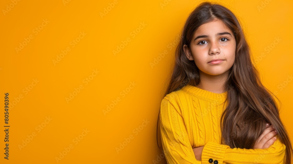 A young girl in a yellow sweater poses, crossing her arms and turning her head to the side for a photograph A young girl in a yellow sweater poses, crossing her arms and turning her head to the side for a photograph