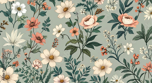 Wallpaper Mural A Seamless pattern background of a collection of vintage botanical illustrations with flowers and plants in muted colors, wallpaper style, repeated patterns,  Torontodigital.ca
