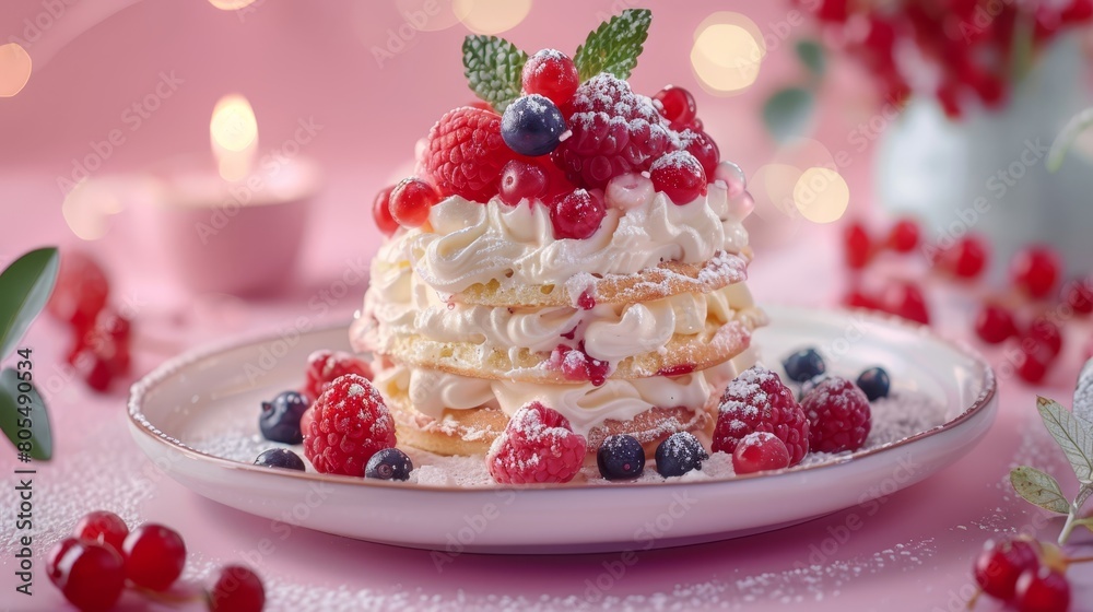 A tight shot of a pink tabletop displaying berries atop it and whipped cream, accompanied by background lights A tight shot of a pink tabletop displaying berries atop it and whipped cream, accompanied by background lights