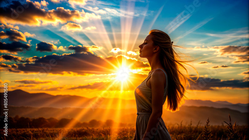 Silhouette of a woman on the background of the sunset