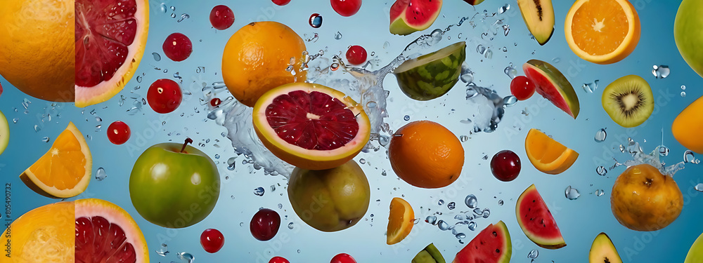 Different chopped tropical fruit flying like in advertisement isolated on a plain background, fresh and organic fruits, water droplets, colorful, Different chopped tropical fruit flying like in advertisement isolated on a plain background, fresh and organic fruits, water droplets, colorful,