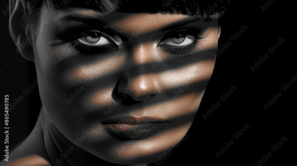 A monochrome image of a woman's visage featuring a shadow casting on the adjacent side A monochrome image of a woman's visage featuring a shadow casting on the adjacent side
