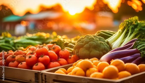 Golden sunset over a colorful market display of tomatoes, eggplants, bell peppers, and broccoli.