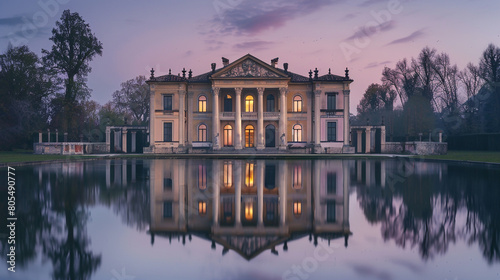 A grand Palladian villa in the soft evening light, its classical proportions and symmetrical design reflected in a tranquil lake, photo