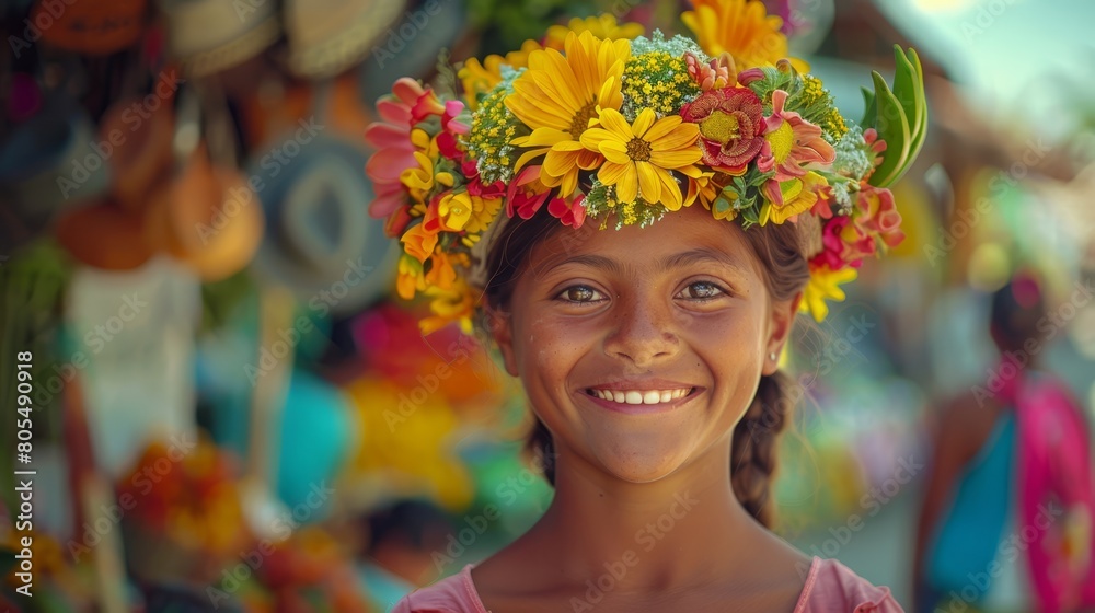   A young girl, crowned with flowers, grins at the camera She stands before a fairground setting