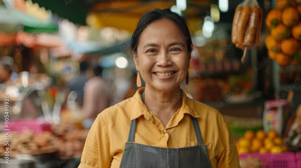   A woman, clad in an apron, poses before a fruit stand Oranges and various fruits grace the background