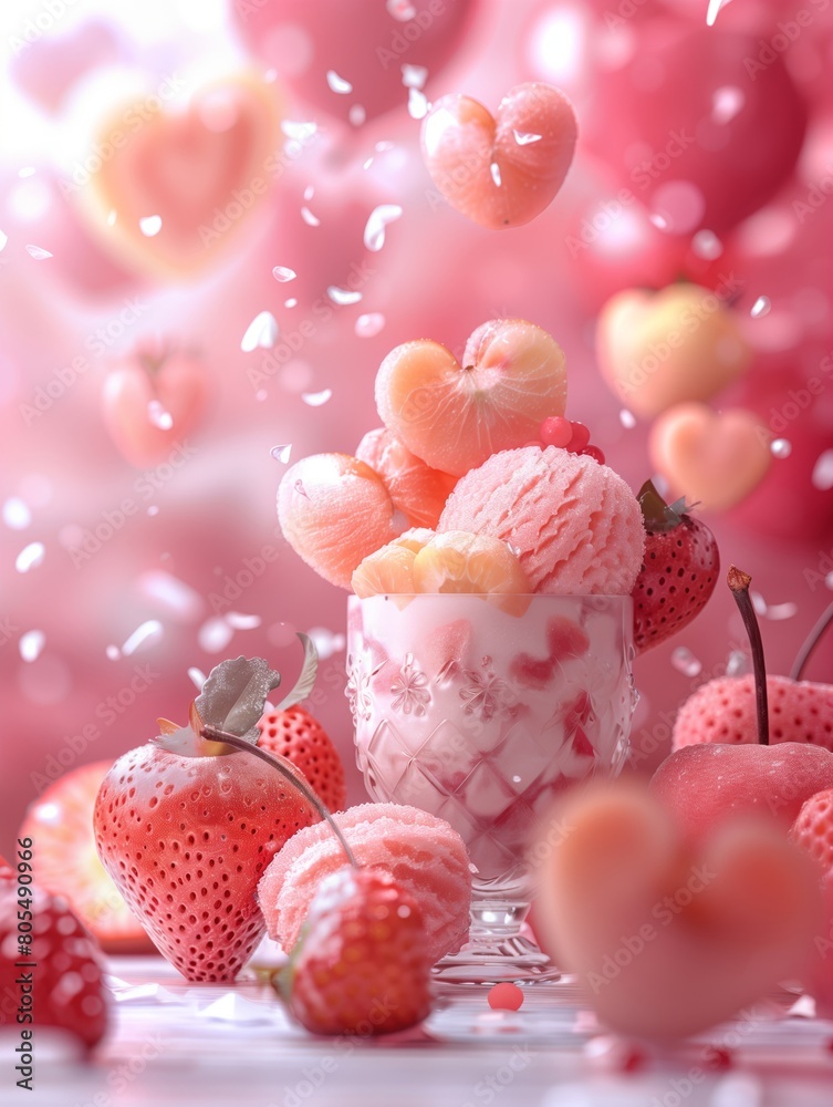 Playful composition featuring pink yogurt ice cream, cream, and strawberries, set in a dreamy, cotton candylike pink background perfect for childrens fantasies or dessert menus