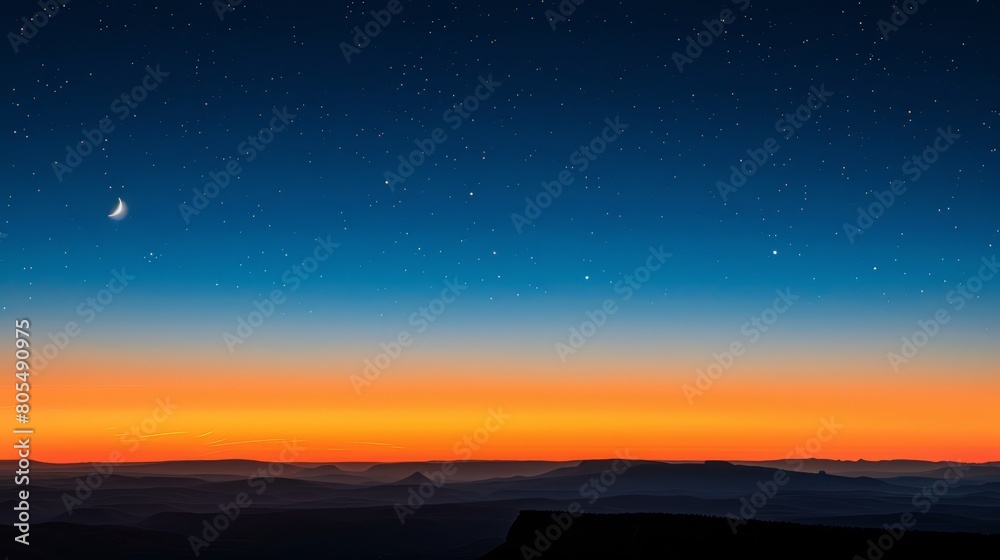   A vibrant orange-blue sky graces the backdrop, adorned with a crescent moon and scattered stars, as mountains boldly rise before you