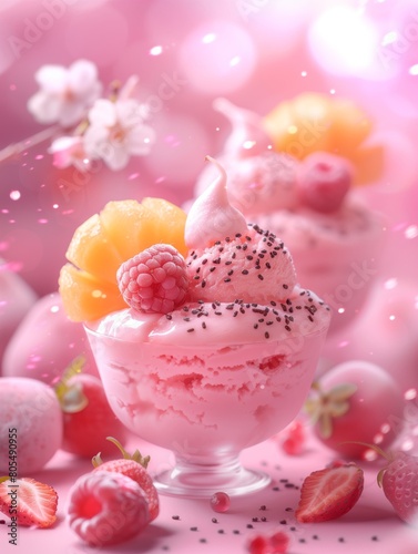 Delightful composition featuring pink yogurt ice cream topped with cream. Fresh berries. And strawberries. Set against a magical pink and fluffy backdrop