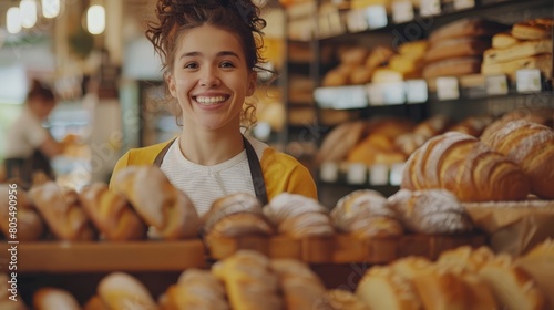  A cheerful woman faces a bakery display, surrounded by pastries and loaves of bread; people bustle in the background