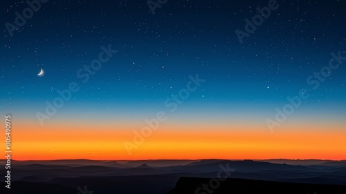   A vibrant orange-blue sky graces the backdrop  adorned with a crescent moon and scattered stars  as mountains boldly rise before you
