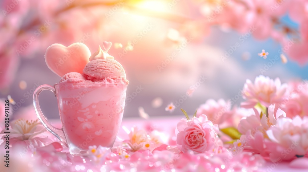 Whimsical and vibrant image featuring pink yogurt ice cream garnished with cream. Fresh berries. And strawberries. All set within a magical. Fluffy pink frame against a backdrop of blossoming flowers Whimsical and vibrant image featuring pink yogurt ice cream garnished with cream. Fresh berries. And strawberries. All set within a magical. Fluffy pink frame against a backdrop of blossoming flowers