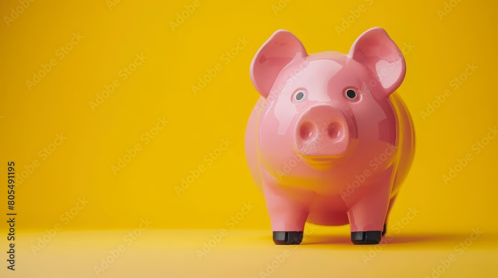 A pink piggy bank rests atop a yellow background, featuring a yellow circle in its center A pink piggy bank rests atop a yellow background, featuring a yellow circle in its center