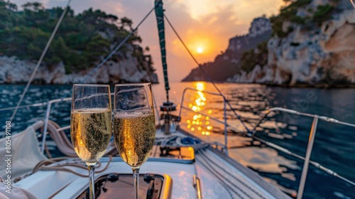  Two champagne glasses atop a boat against a sunset backdrop over a body of water