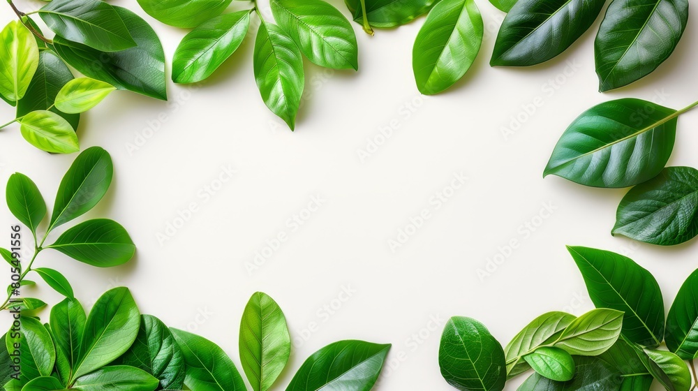 A green leaf frame against a white backdrop for cards or brochures, accommodating text or images A green leaf frame against a white backdrop for cards or brochures, accommodating text or images