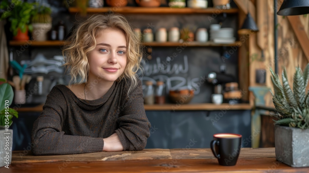 A woman sits at a table, holding a steaming cup of coffee Behind her is a chalkboard A woman sits at a table, holding a steaming cup of coffee Behind her is a chalkboard