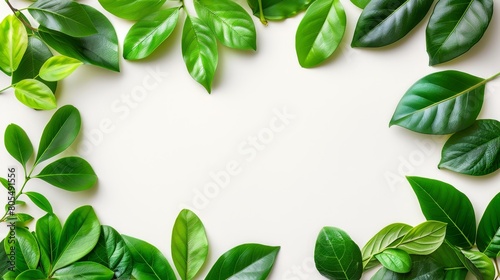   A green leaf frame against a white backdrop for cards or brochures  accommodating text or images