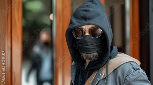   A man in black mask and jacket stands before building's door