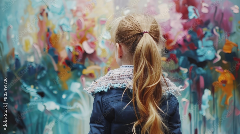 A small girl with lengthy hair stands before a vibrant wall adorned with flower paintings A small girl with lengthy hair stands before a vibrant wall adorned with flower paintings