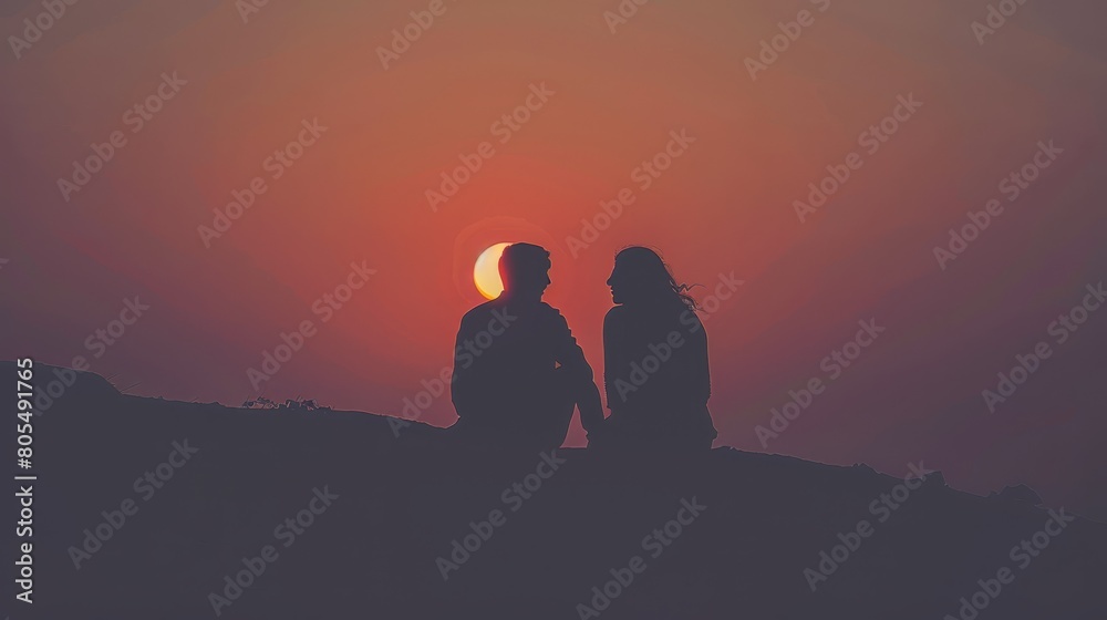   A few individuals stand side by side on a hilltop, gazing out as a red and orange sunset sky unfolds above them