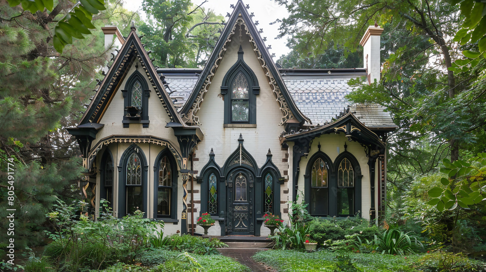 A Gothic Revival cottage with ornate trim, pointed arches, and leaded glass windows. The home, surrounded by a lush, enchanted garden, 
