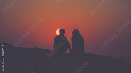  A few individuals stand side by side on a hilltop, gazing out as a red and orange sunset sky unfolds above them