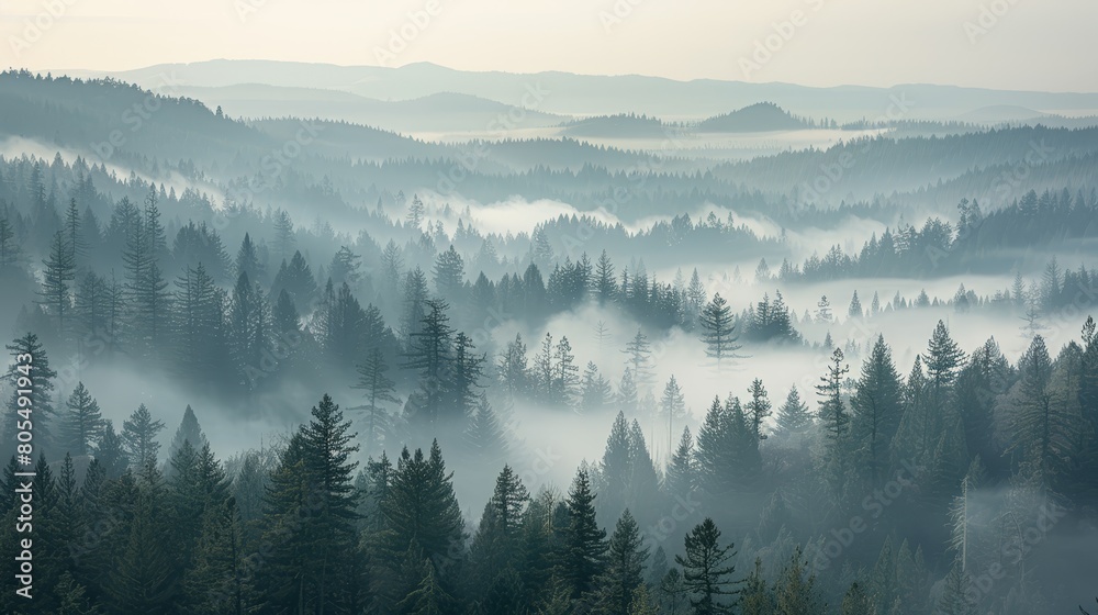   A forest filled with many trees shrouded in fog, dense with mist
