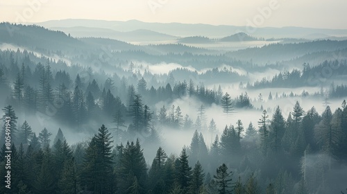   A forest filled with many trees shrouded in fog, dense with mist © Jevjenijs