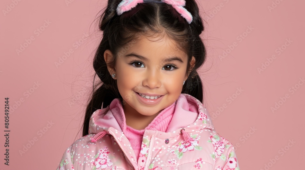 A young girl in pink coat and matching hair clips smiles at the camera A young girl in pink coat and matching hair clips smiles at the camera