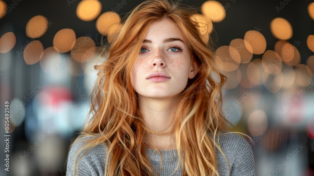   A woman with freckles dots her face in close-up, contrasted by lights freckling the background