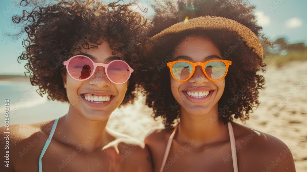 Two women standing side by side on a sandy beach, near a body of water Two women standing side by side on a sandy beach, near a body of water