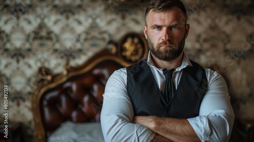  A man in a vest and tie stands before a floral-wallpapered bed, arms crossed