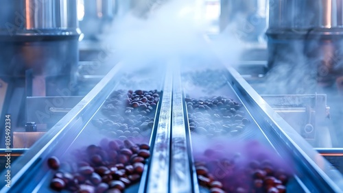 Steam rises from conveyor belt carrying fresh coffee beans in processing plant. Concept Coffee Processing, Conveyor Belt, Fresh Beans, Steam, Plant Operations
