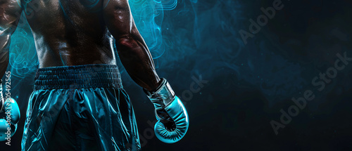 Boxer in Blue Gloves, Ready to Fight, Mystical Smoky Background
 photo