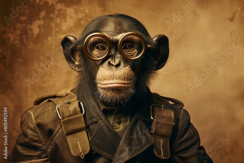 A closeup halfbody of a charismatic primate dressed in a vintage photographers outfit photo