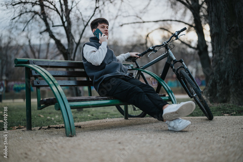 Wallpaper Mural Casual male teen taking a break on a park bench, chatting on his cellphone with his bicycle beside him. Torontodigital.ca