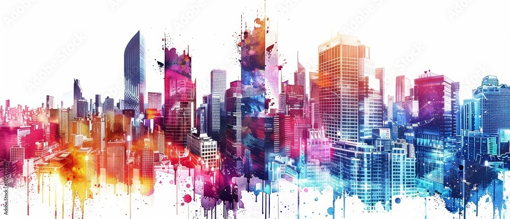 A cyber watercolor painting of ultramodern skyscrapers adorned with exotic motifs that look strange against the cityscape