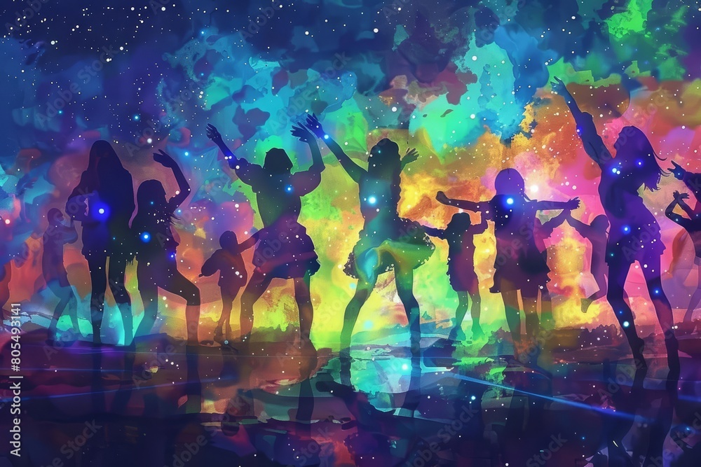 A cyber watercolor painting of an unco dance troupe performing in neonlit costumes under a bizarre A cyber watercolor painting of an unco dance troupe performing in neonlit costumes under a bizarre